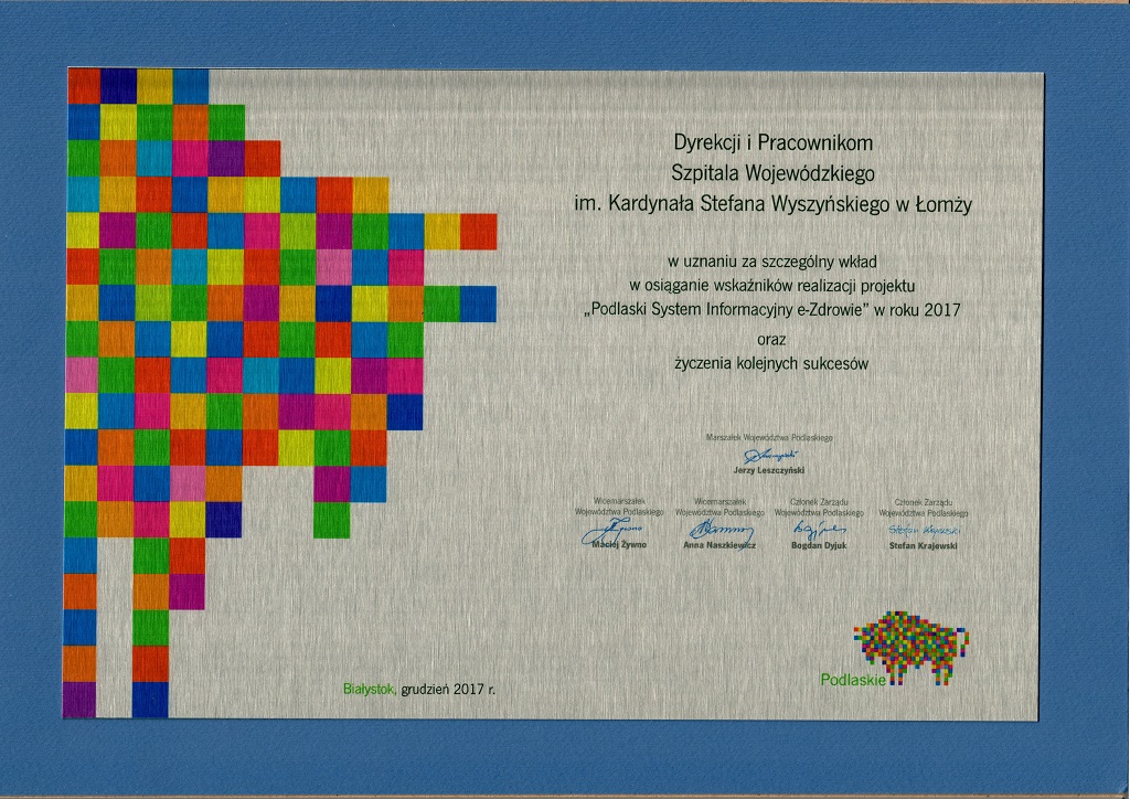 Zdjęcie do wiadomości Wyróżnienie dla Szpitala za wkład w realizację projektu e-Zdrowie